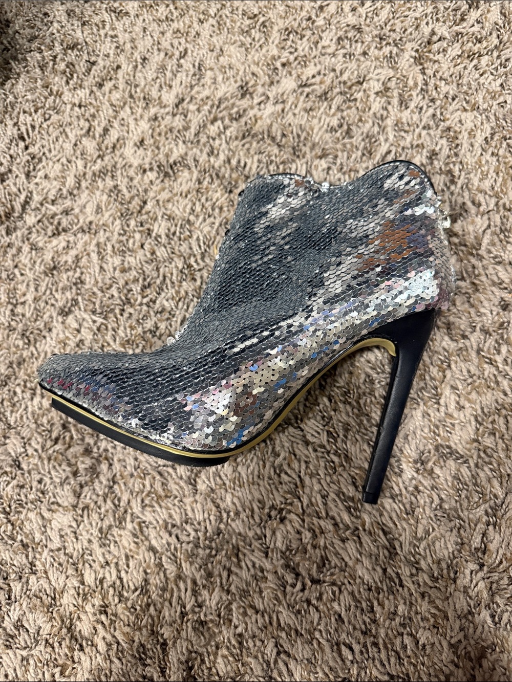 Michael Antonio Silver Sequin Pointed Toe Heels with Yellow Sole